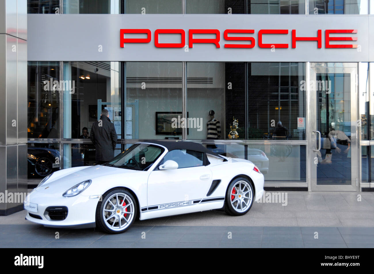 Porsche Boxster Spyder car on display outside car showroom at Canary Wharf Stock Photo