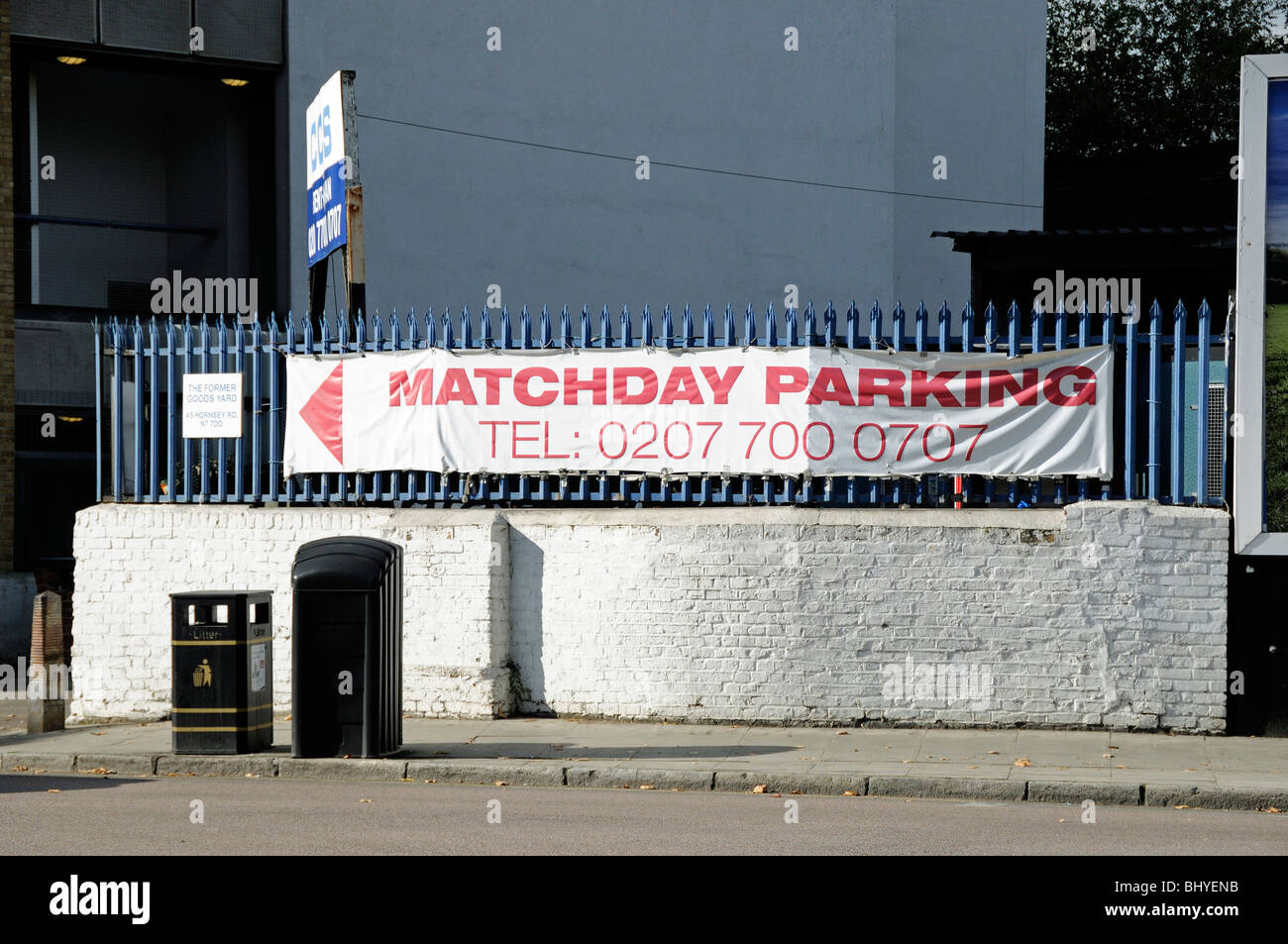 Banner advertising Matchday Parking outside the Emirates Stadium Holloway London England UK Stock Photo