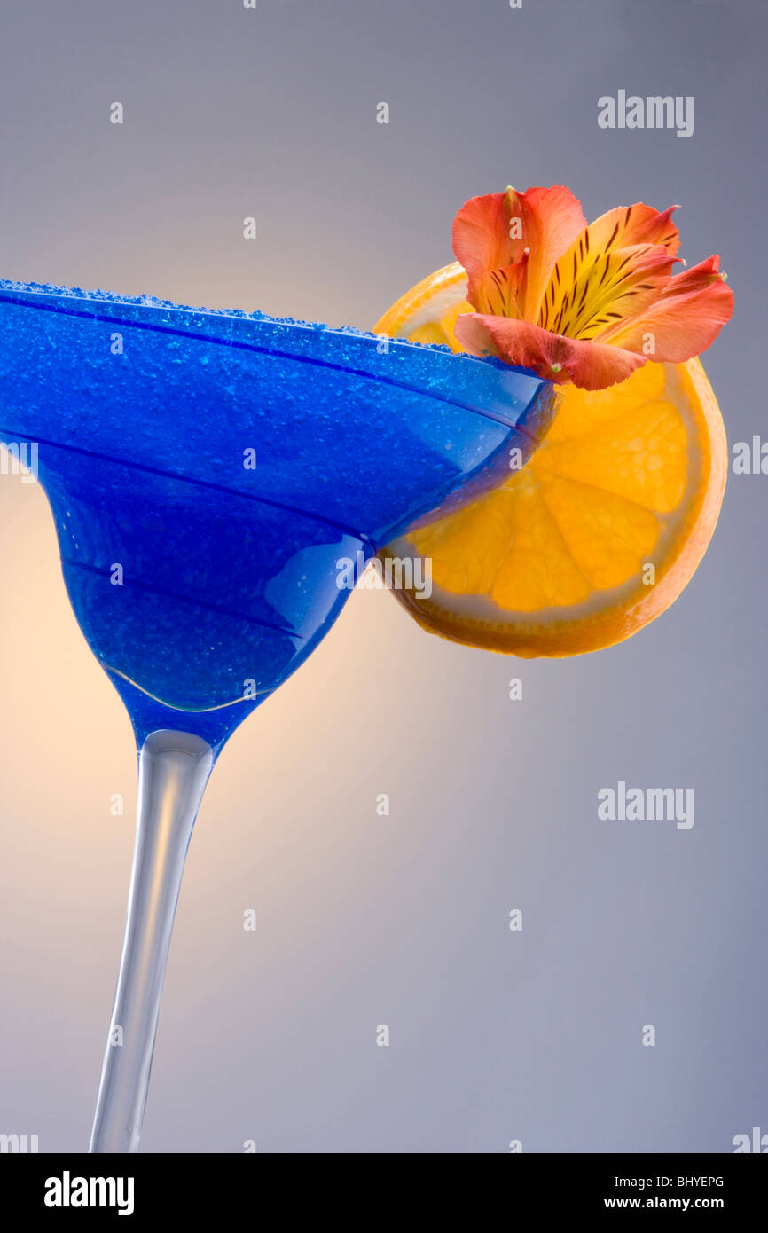 Blue Hawaii or Blue Hawaiian with Garnish on Highlighted Background Stock Photo