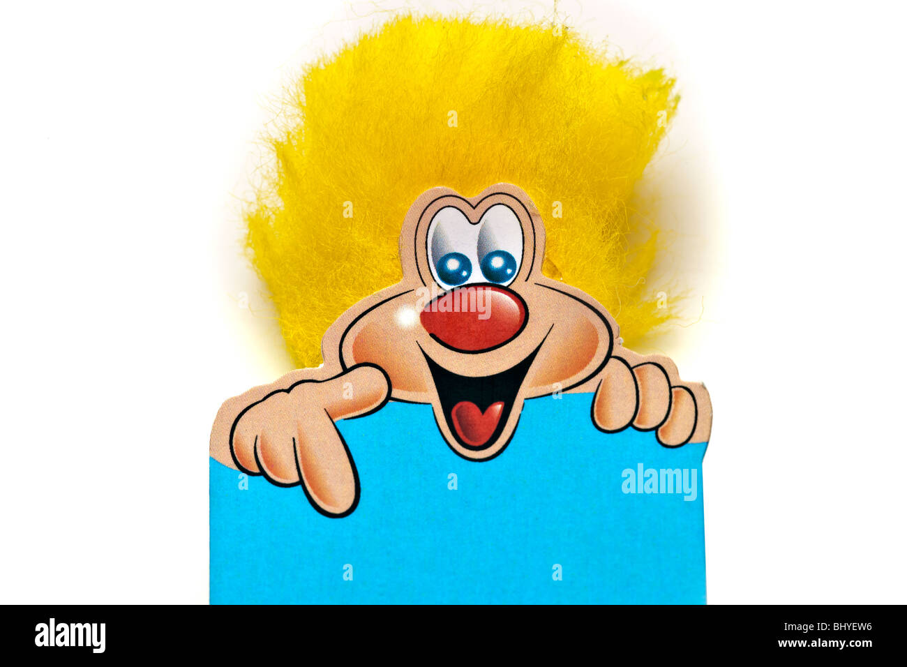 Smiling yellow bushy haired cartoon character pointing downwards Stock  Photo - Alamy