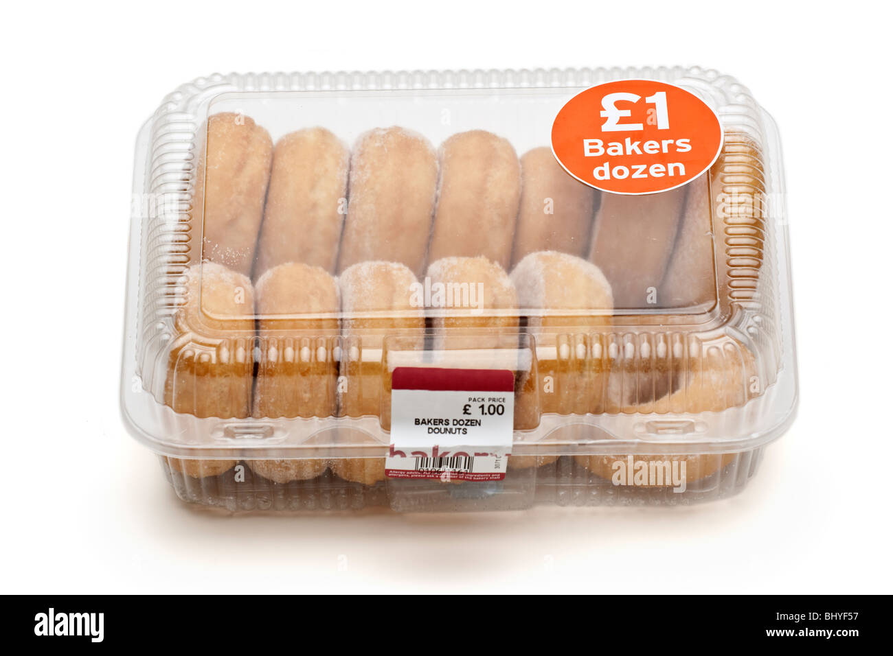 Bakers Dozen 13 donoughts in a plastic container Stock Photo