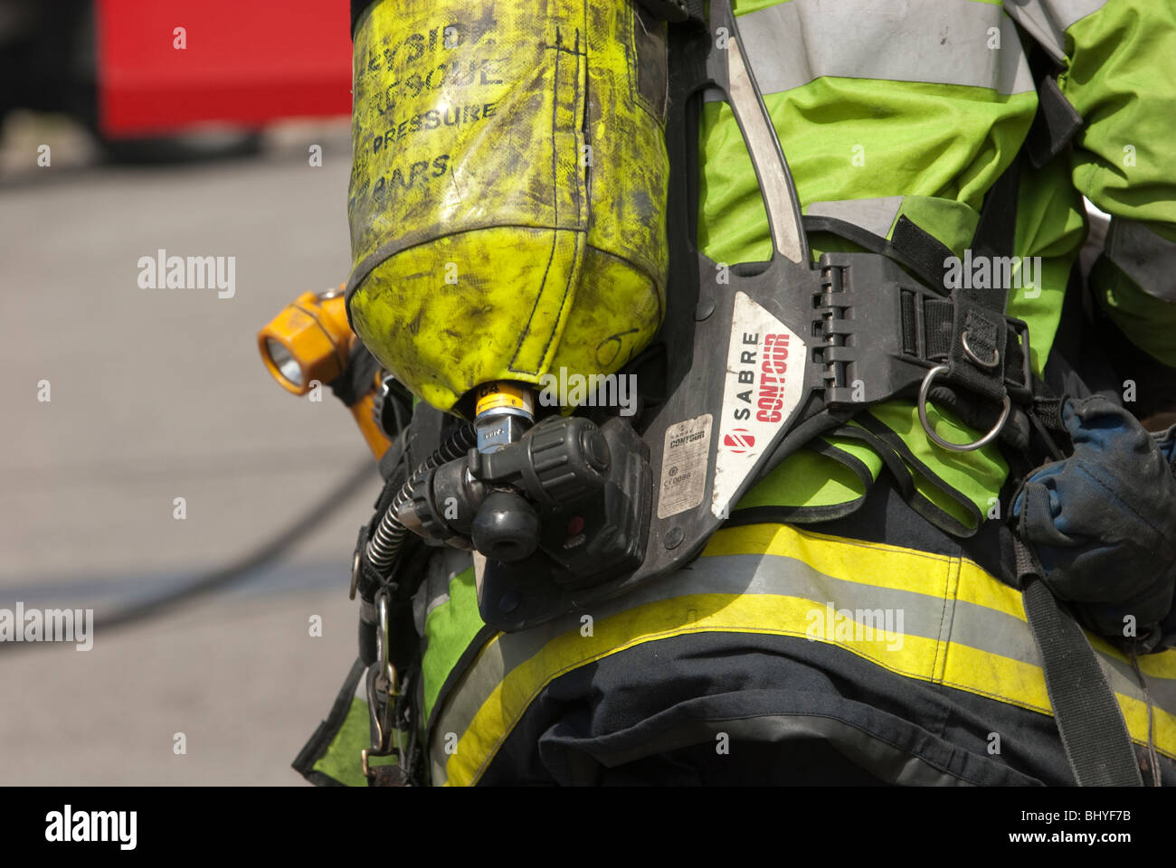 Firefighter Breathing Apparatus Sabre Contour FULLY MODEL RELEASED Stock Photo