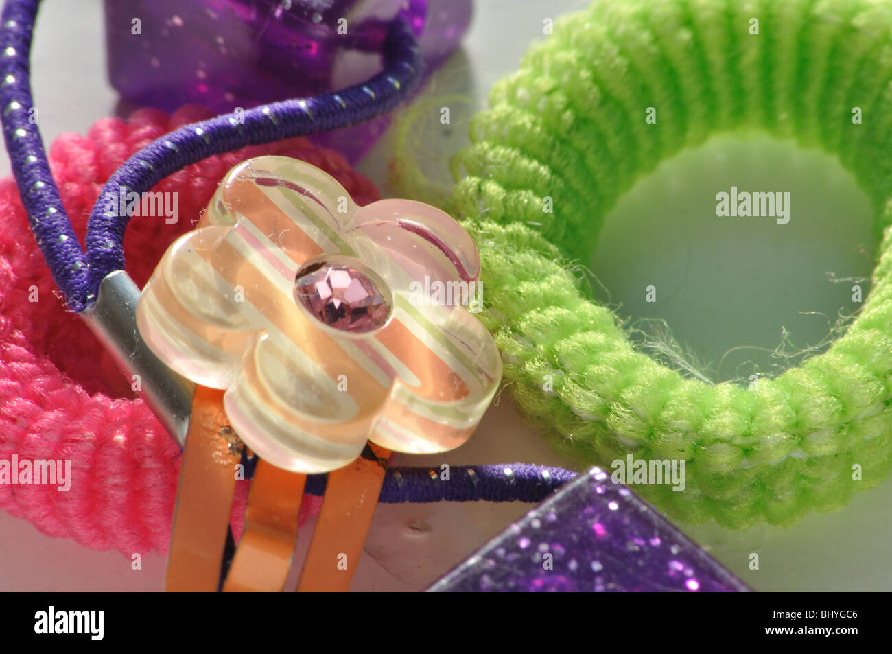 Girls hair bobbles, clips and bands. Stock Photo