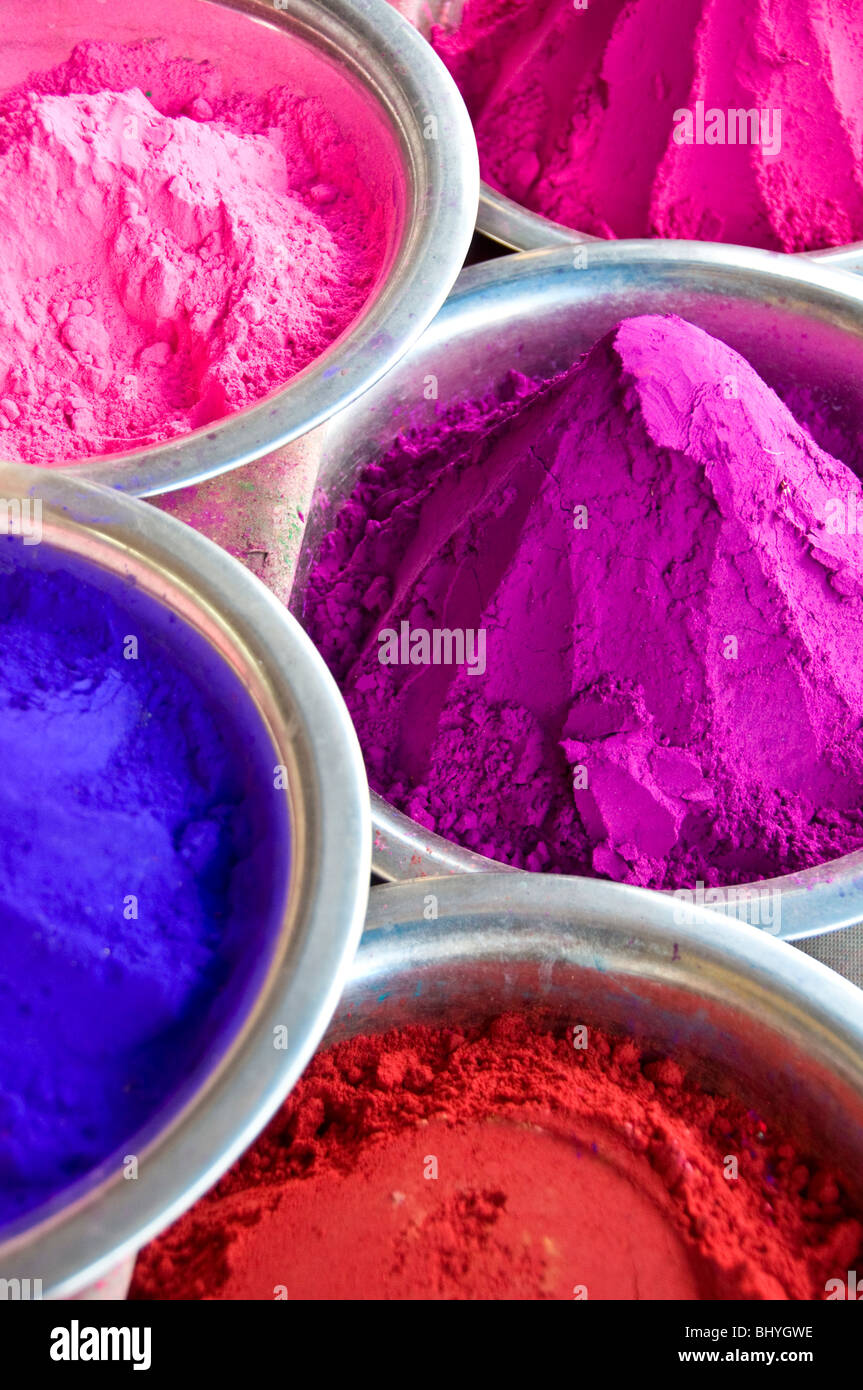 Brightly colored fabric dye at the market in Mysore, India Stock Photo