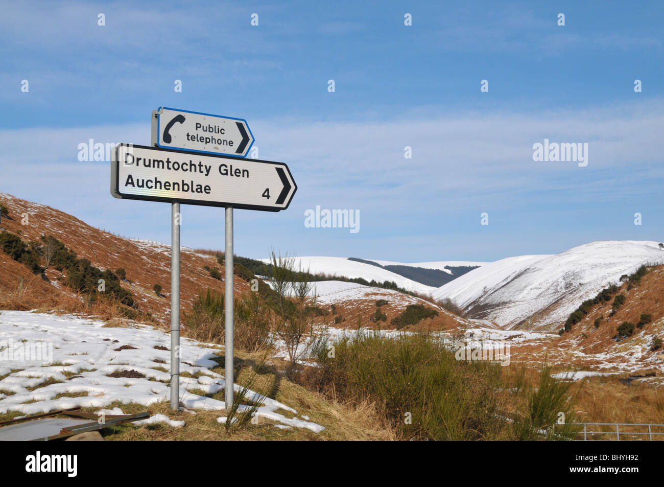 A road signpost pointing the way to Drumtochty Glen, and Auchenblae