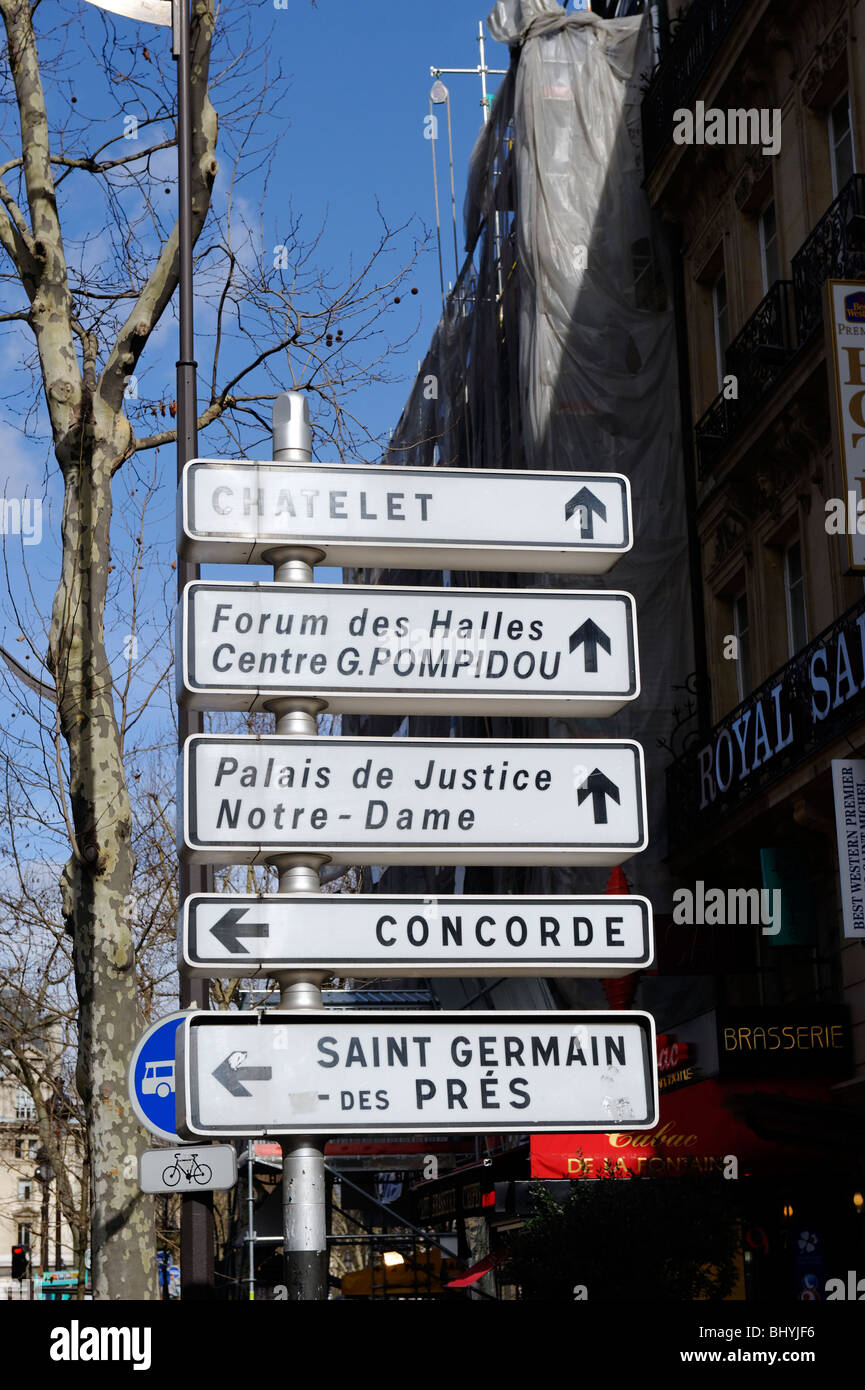 Street directions in the Saint Germain area of Paris, 5th Arrondissement. Stock Photo