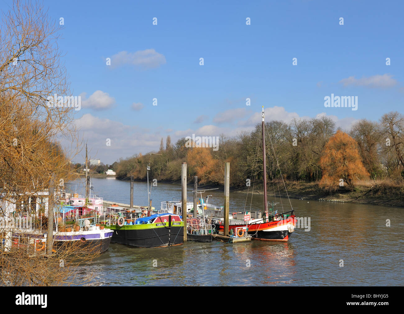 Boats Moored at the Isleworth Marina on the River Thames, close to Syon