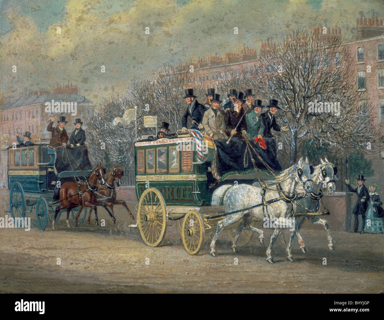 'A Street Scene with Two Omnibuses', 1845. Artist James Pollard Stock Photo Alamy