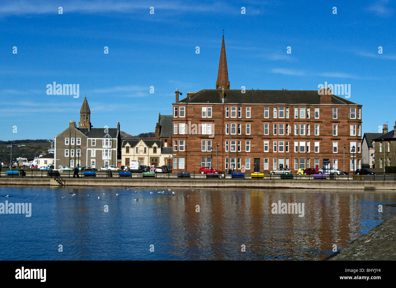Largs seafront with concrete high water protection barriers in front of ...