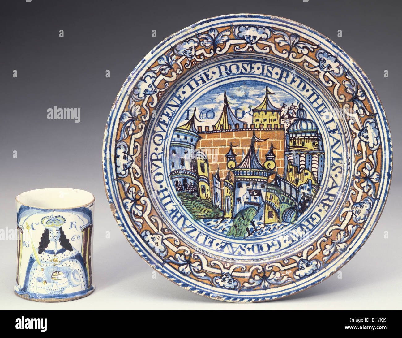 Tin-glazed Delftware plate, 1600. Artist: Unknown Stock Photo
