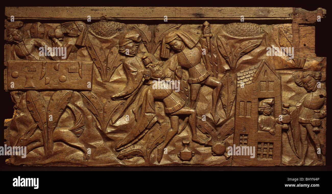 Panel depicting a scene from the Pardoner's Tale, medieval. Artist: Unknown Stock Photo