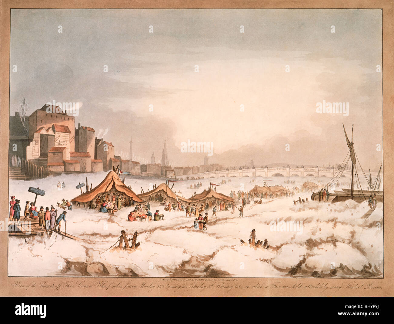 View of the frozen River Thames off Three Cranes Wharf, London, 1814. Artist: Unknown Stock Photo