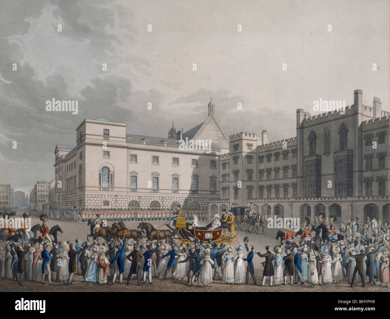 Crowds cheering Queen Victoria at Carlton House, London, (c1842?). Artist: Unknown Stock Photo