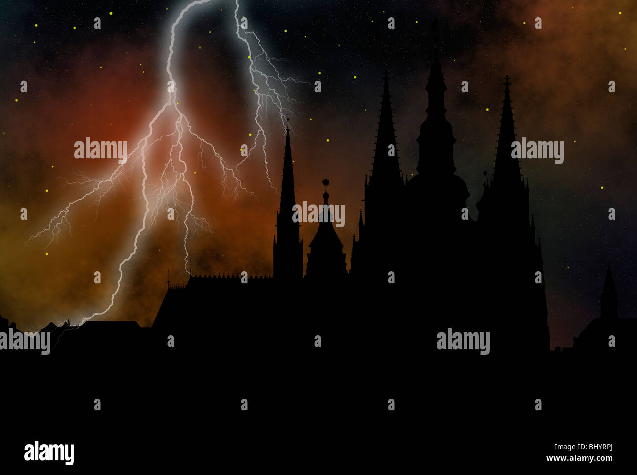 Prague castle - Cathedral of St Vitus - monuments of mysterious city at stormy night Stock Photo