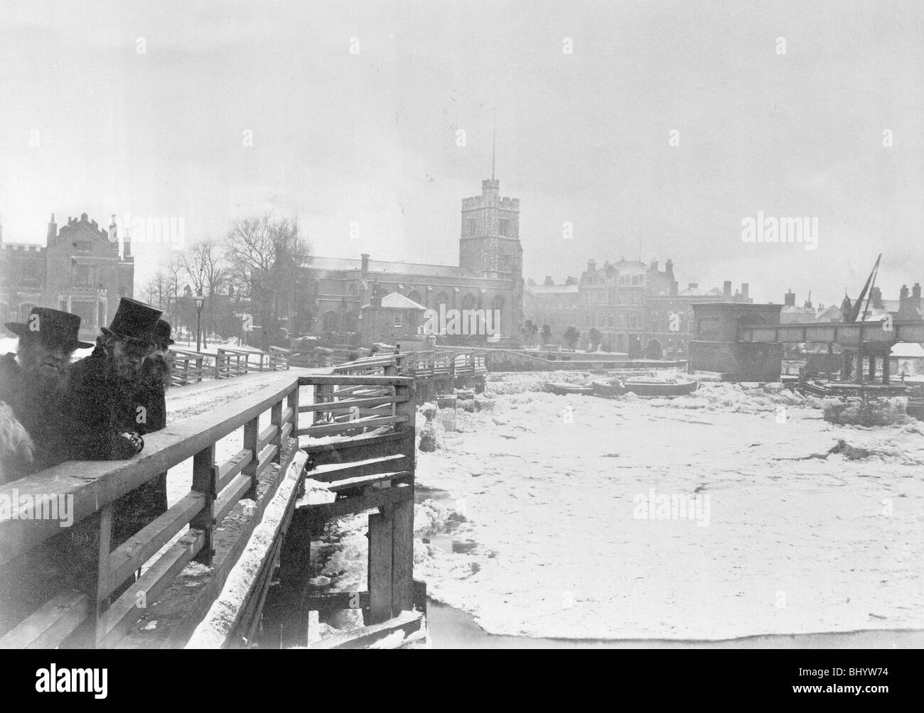 Old Putney Bridge with the river frozen, Putney, Wandsworth, London, c1881. Artist: Unknown Stock Photo