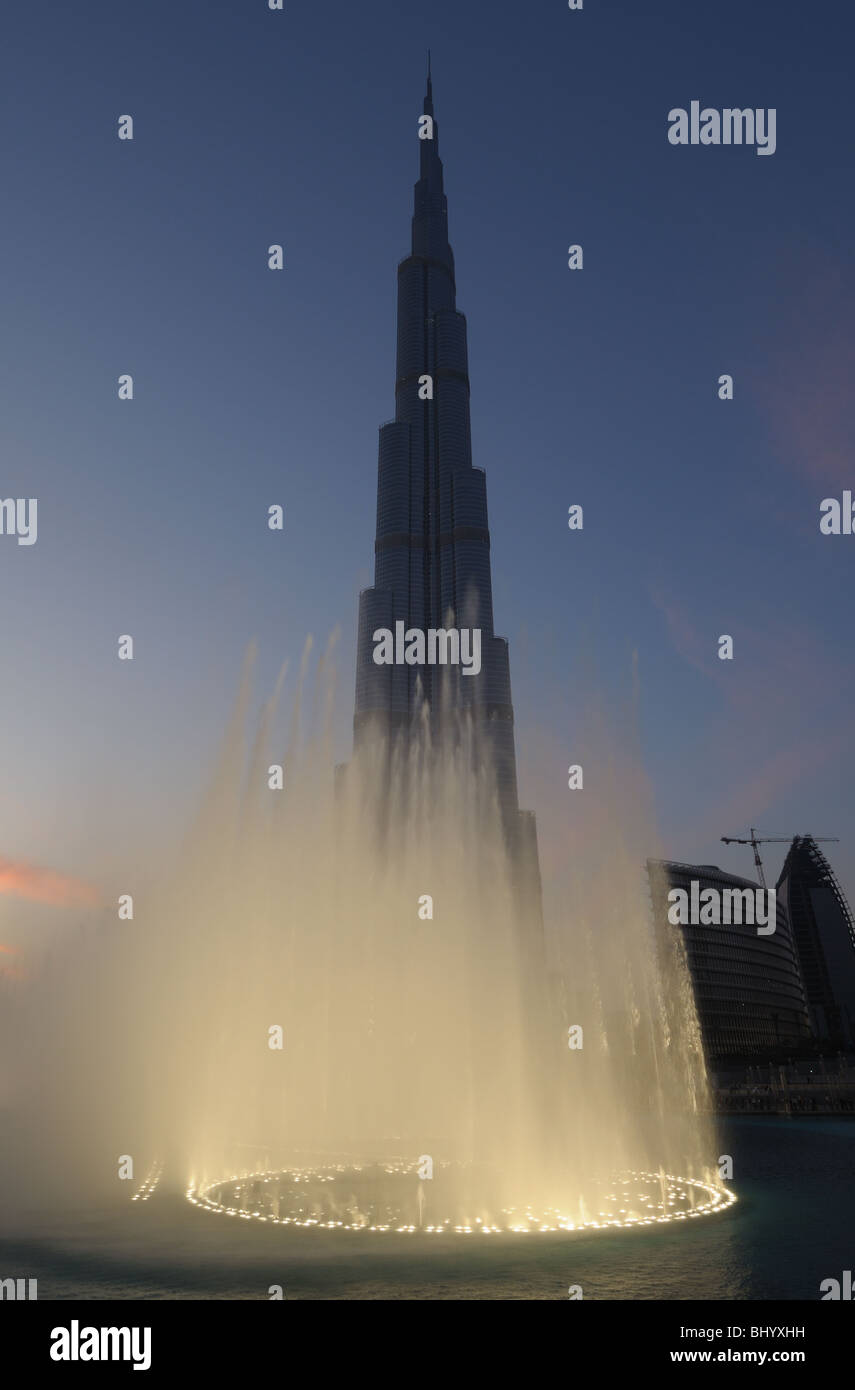 Burj Khalifa and Fountain in Dubai, United Arab Emirates Stock Photo