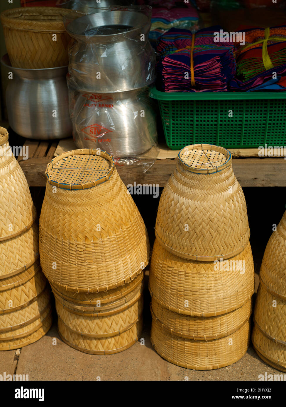 Sticky rice baskets used for making sticky rice on an open fire Stock