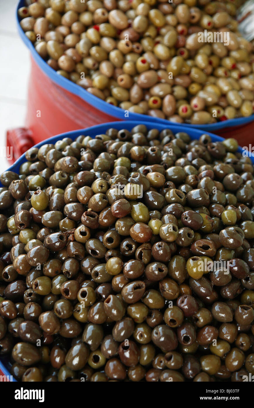 Display of olives in the market of the Avni Rustemi district of Tirana, Albania Stock Photo