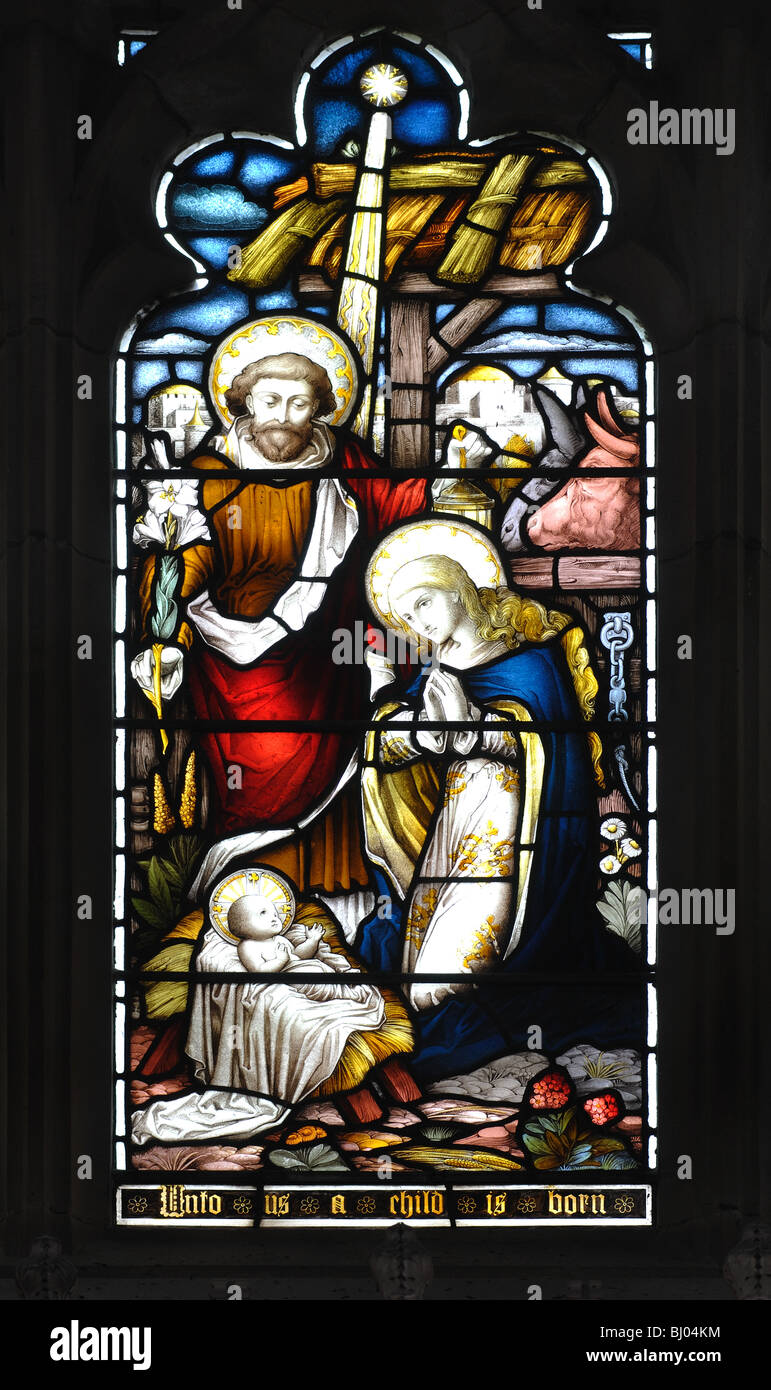Nativity scene stained glass, St. John the Divine Church, Colston
