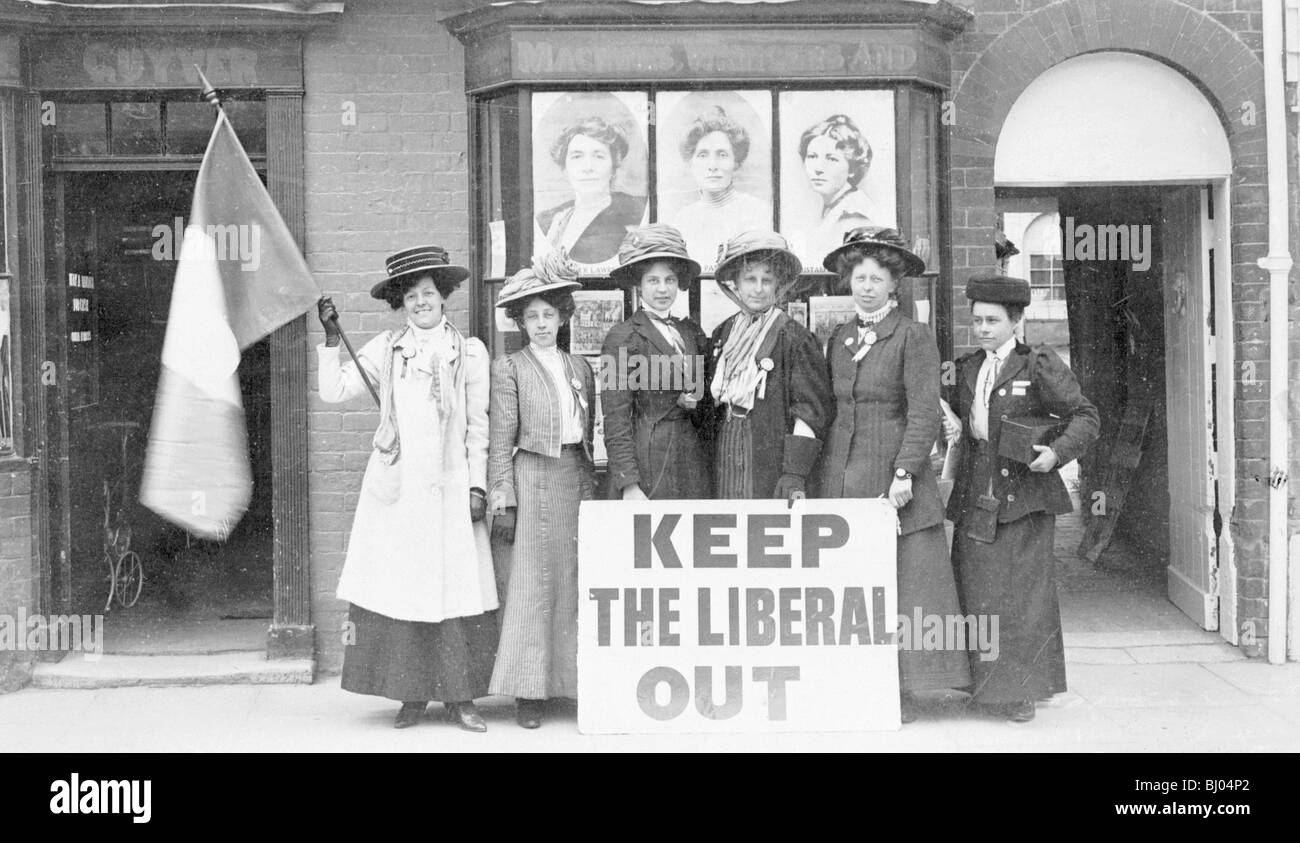 Suffragettes determined to 'Keep the Liberal Out', 1909. Artist: Unknown Stock Photo