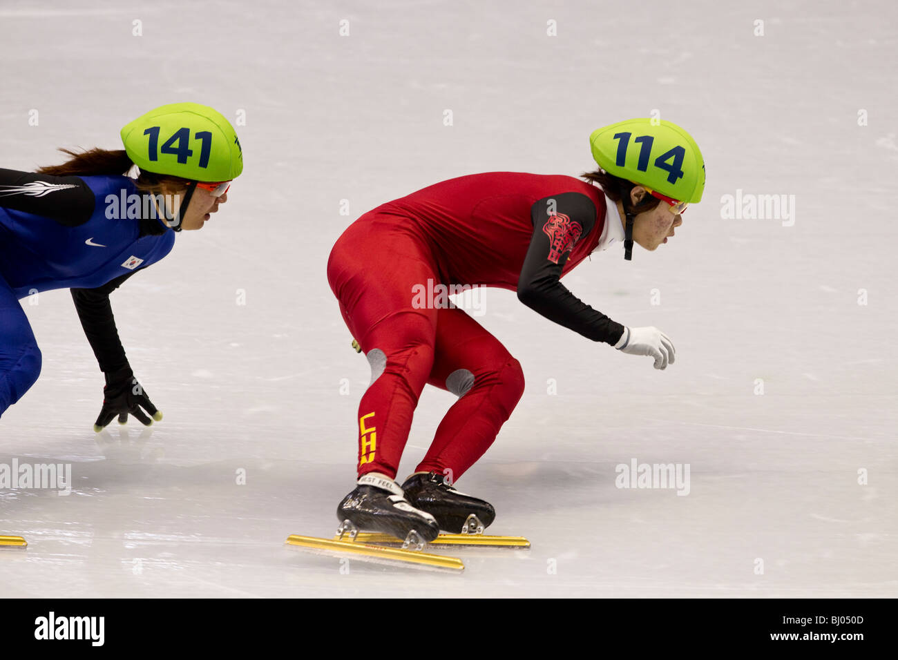 Zhou Yang (CHN) competing in the Short Track Speed Skating Women's 1000m event at the 2010 Olympic Winter Games Stock Photo