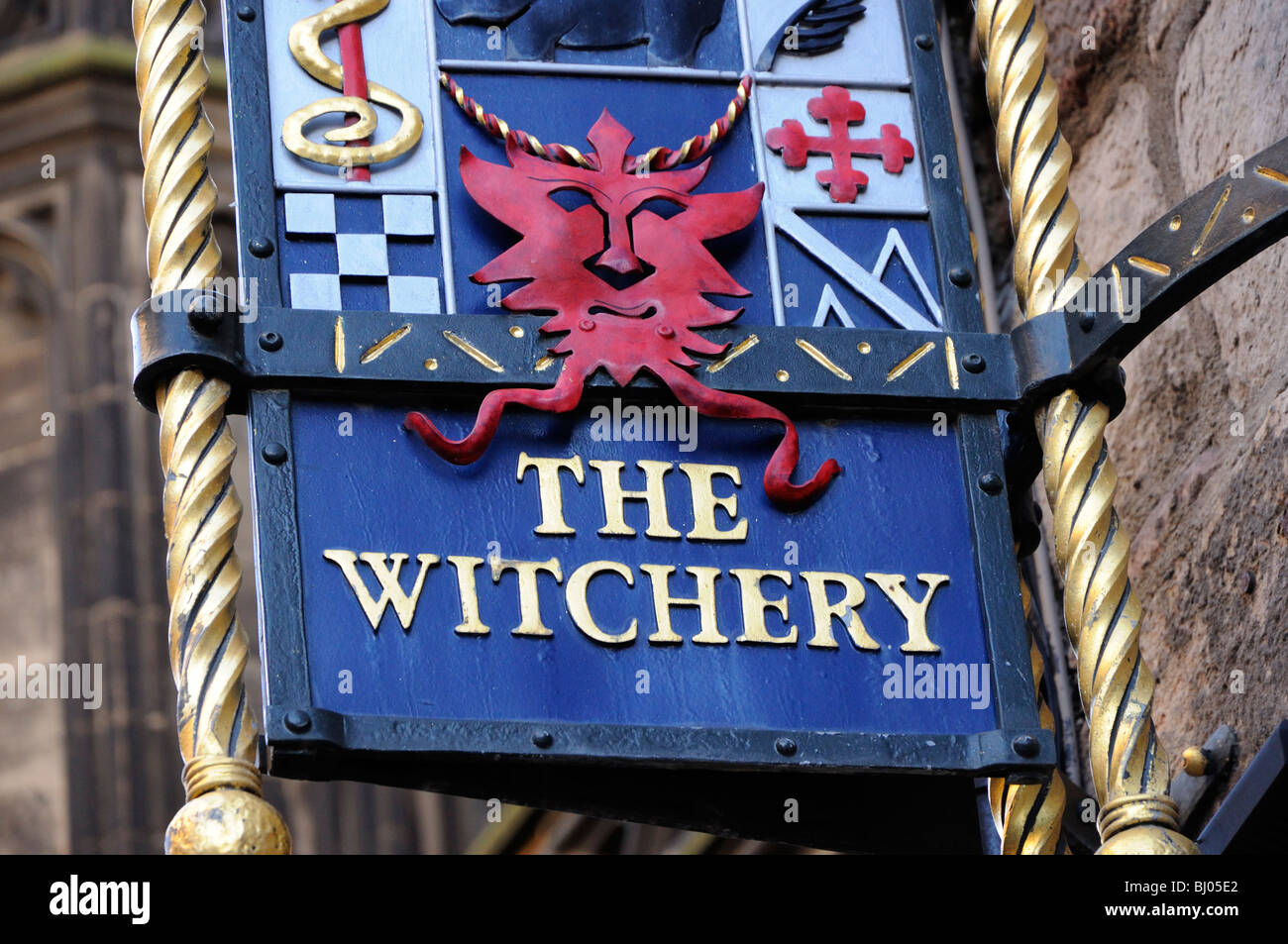 Advertising sign for the Witchery Restaurant, Castlehill, Royal Mile, Edinburgh, Scotland, UK. Stock Photo
