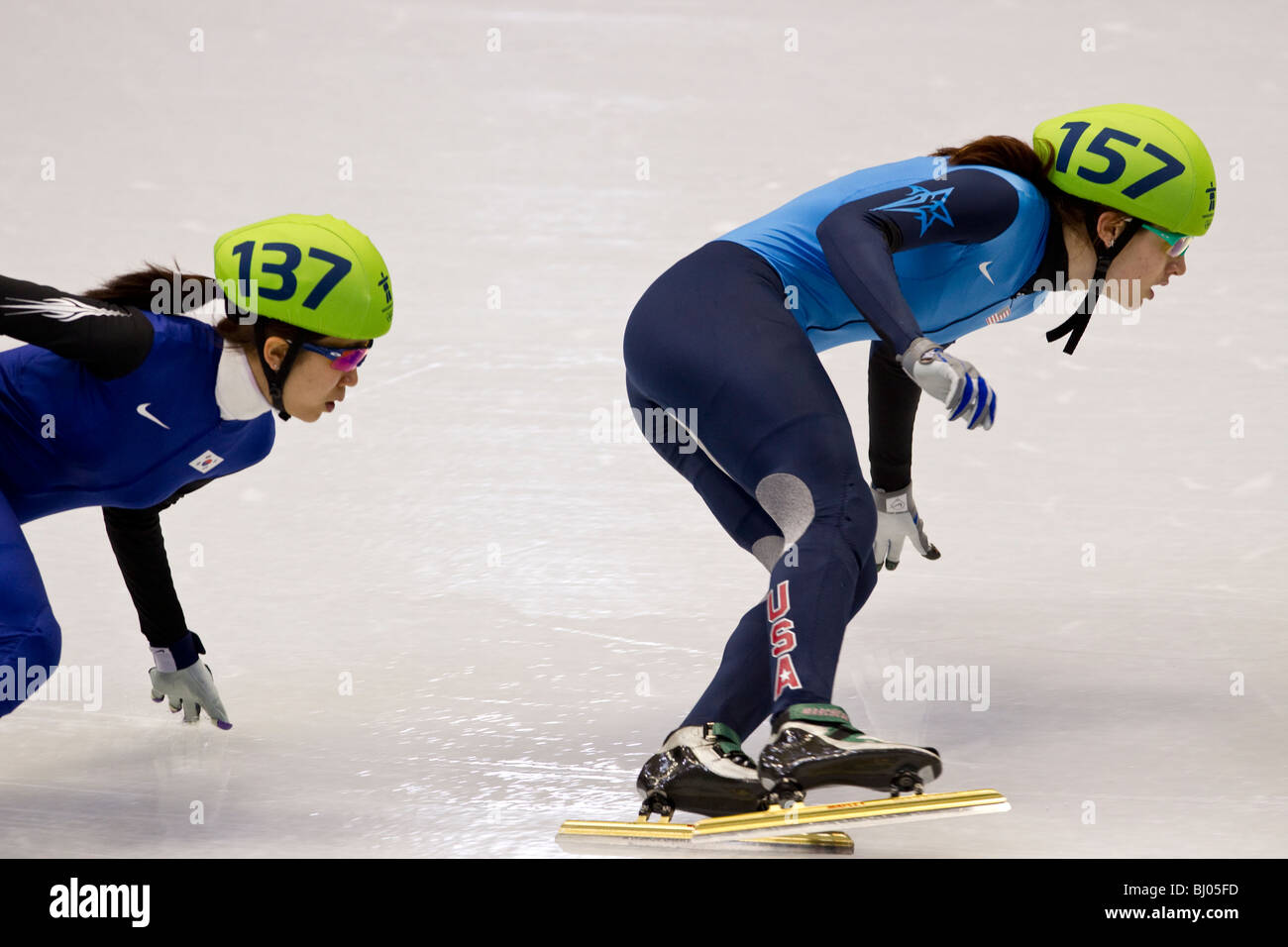Katherine Reutter (USA) competing in the Short Track Speed Skating Women's 1000m event at the 2010 Olympic Winter Games Stock Photo
