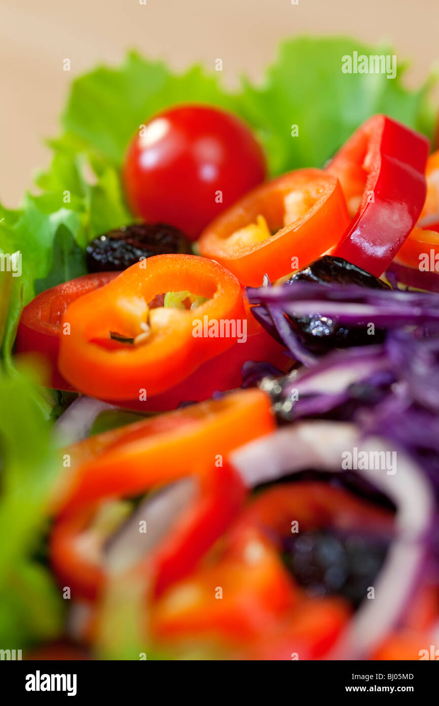 Macro photograph of fresh lettuce tomato pepper olive red onion and cabbage salad Stock Photo