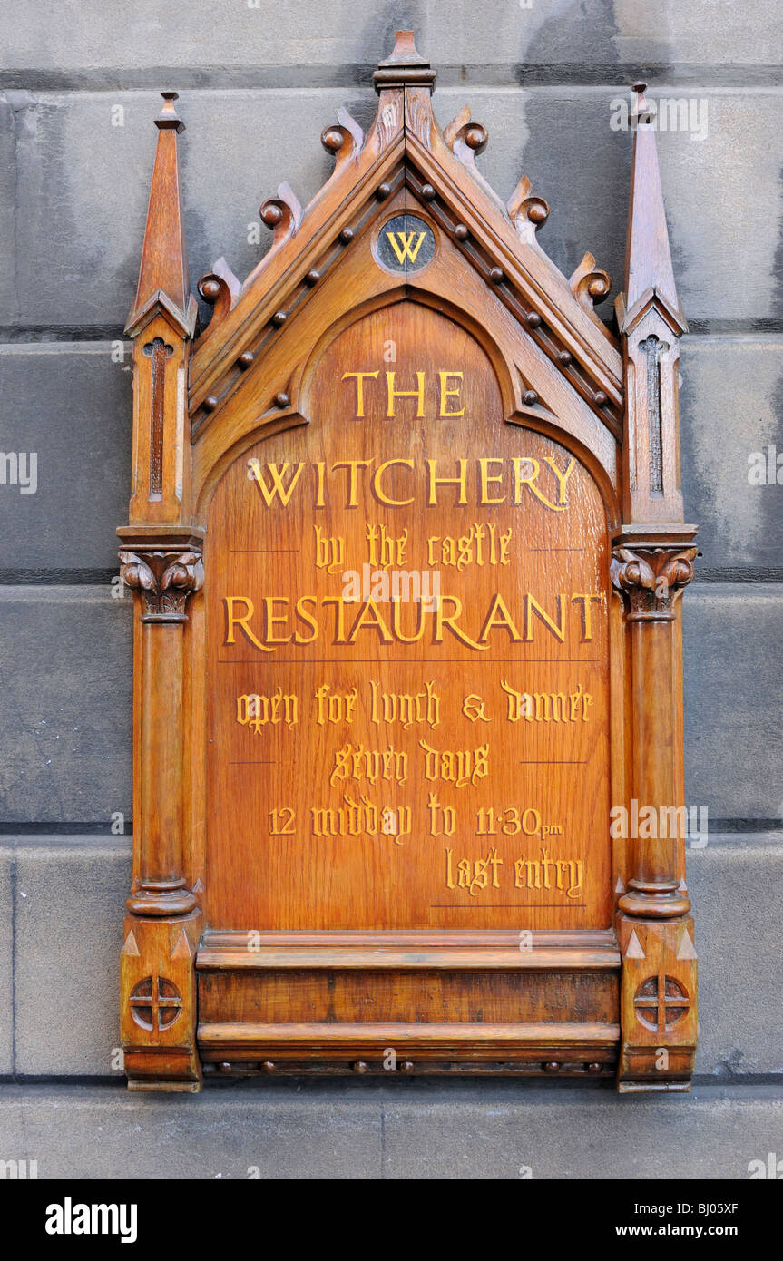 Advertising board for the Witchery Restaurant, Castlehill, Royal Mile, Edinburgh, Scotland, UK. Stock Photo