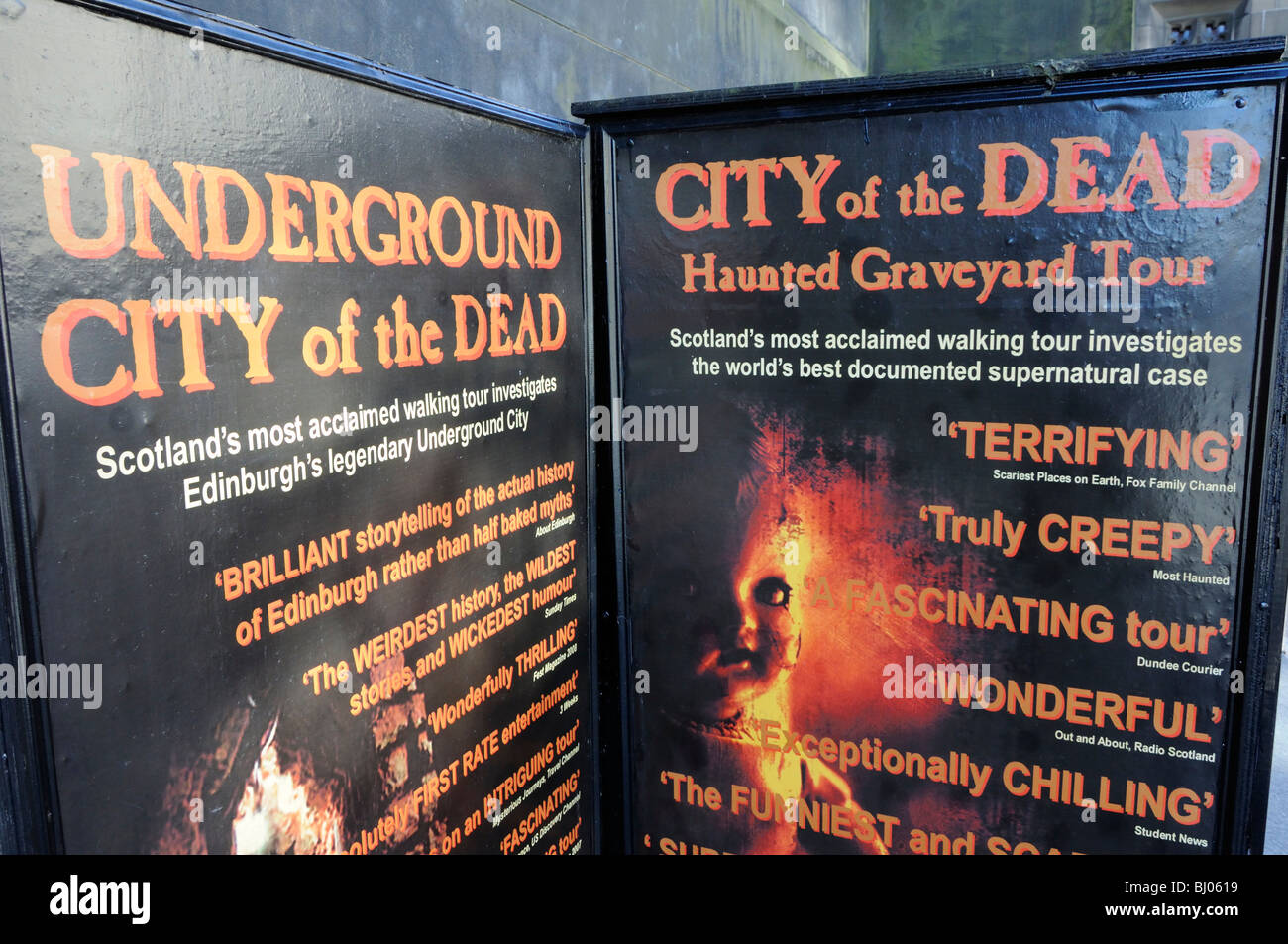 Advertising boards for the City of the Dead ghost tours on the Royal Mile in Edinburgh, Scotland, UK. Stock Photo