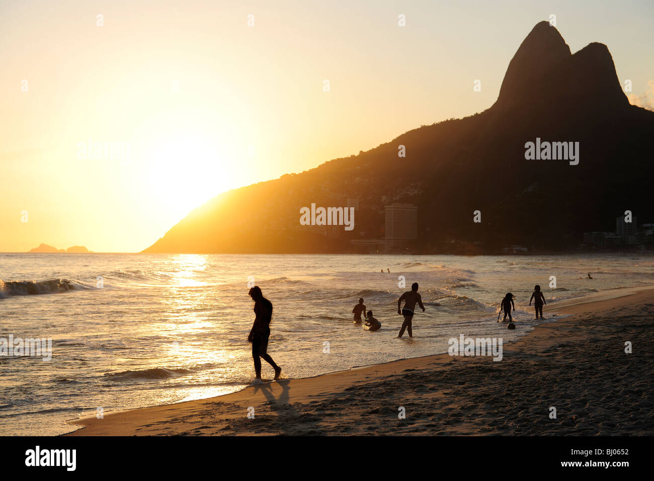 Rio de Janeiro: Leblon beach and Two Brothers Mountains at sunset Stock Photo