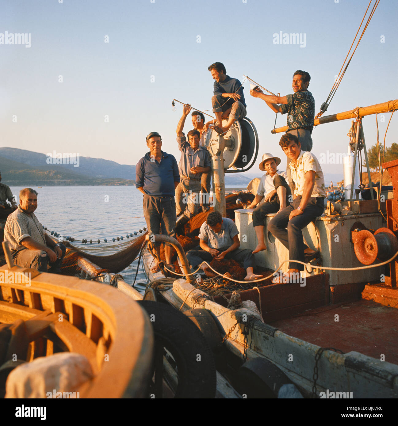 Greek Fishermen, near Kavalla, Northern Greece, Aegean Stock Photo