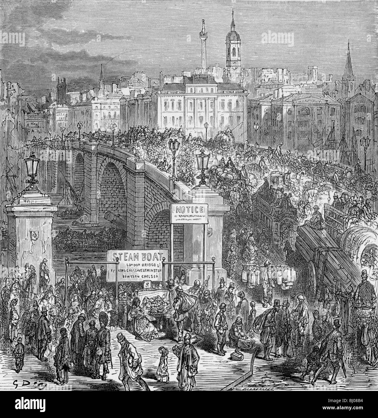 Busy scene on London Bridge, 1872.  Artist: Gustave Doré Stock Photo