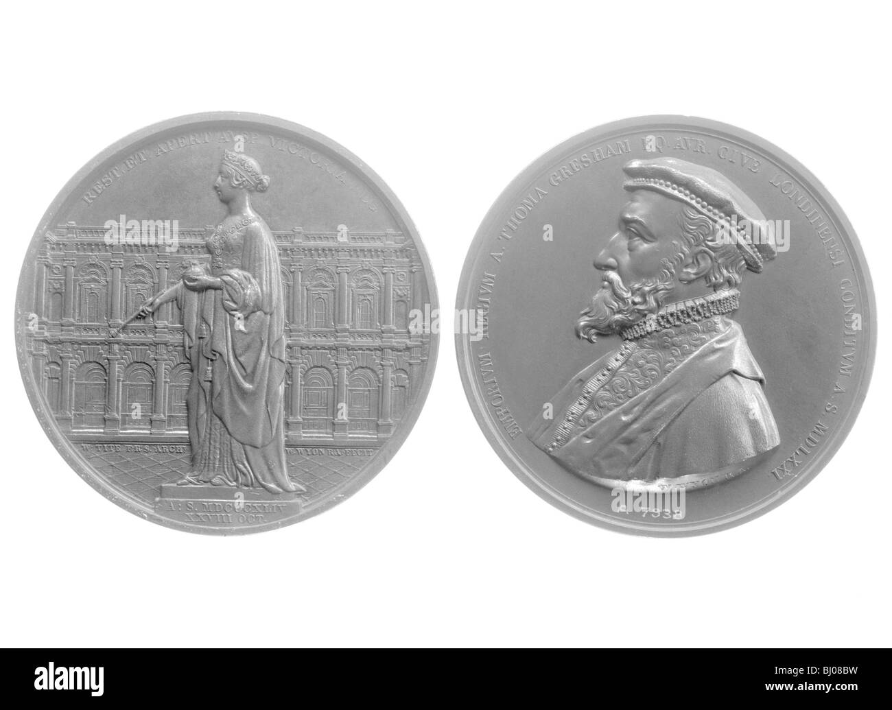 Bronze medallions of Queen Victoria and Sir Thomas Gresham, 1844. Artist: Unknown Stock Photo