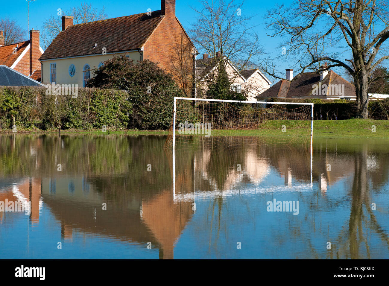 Playing fields at Dedham Essex, the home of artist John Constable, after recent heavy rainfall. Stock Photo