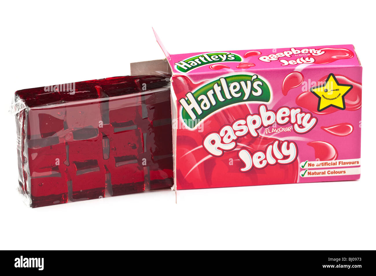Block of squared Hartleys jelly wrapped in cellophane Stock Photo