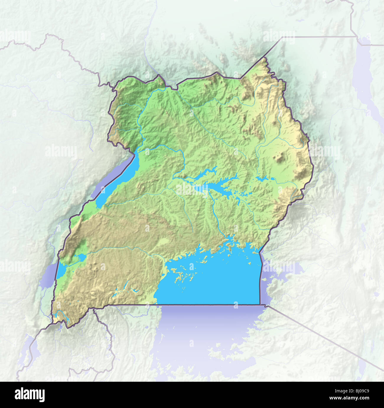 Uganda, shaded relief map. Stock Photo