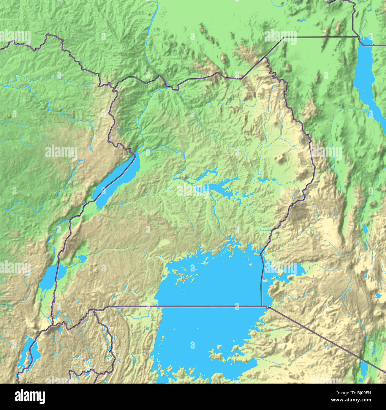 Uganda, shaded relief map. Stock Photo