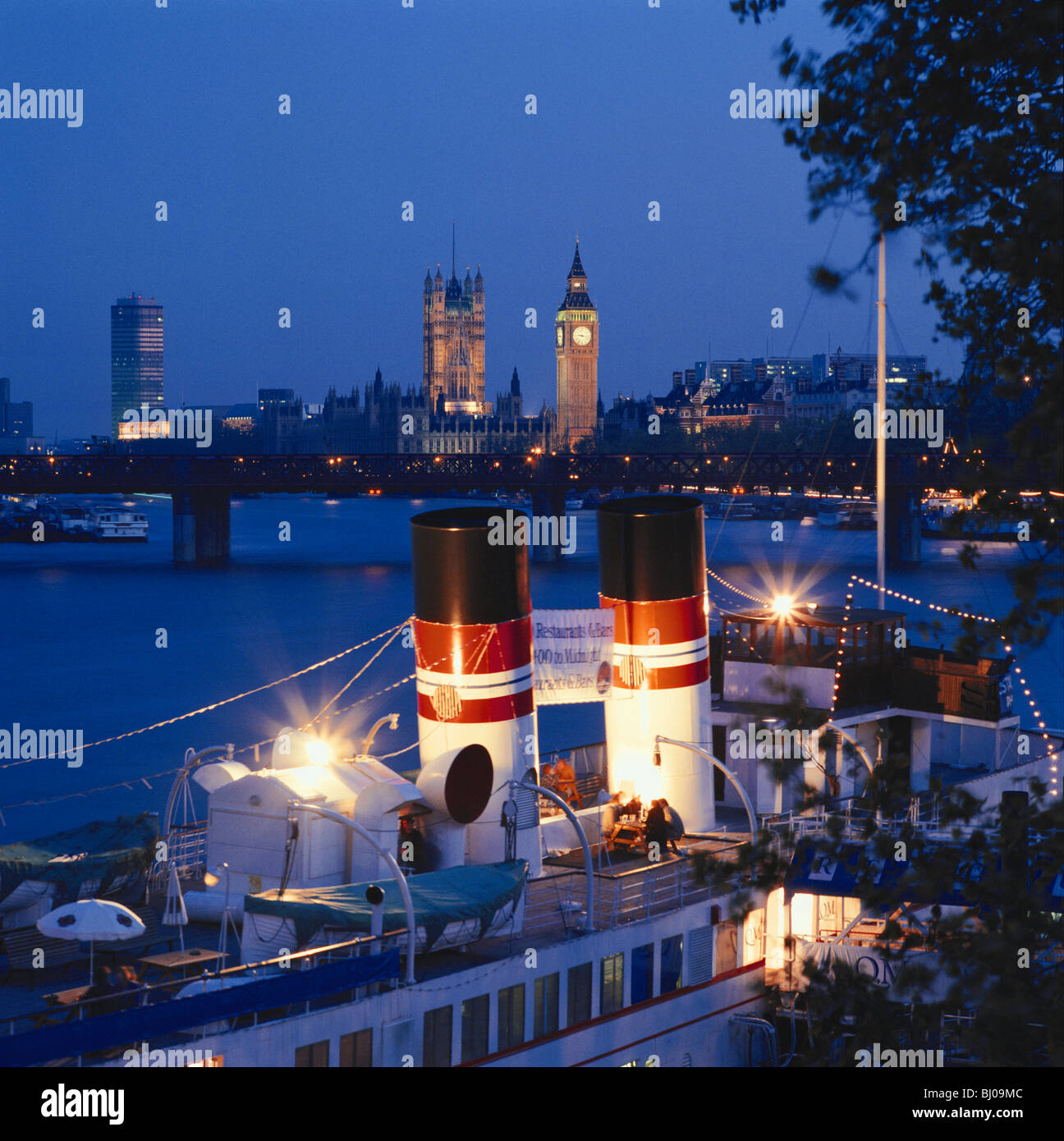 London Restaurant Boat on River Thames, London, UK, GB Stock Photo