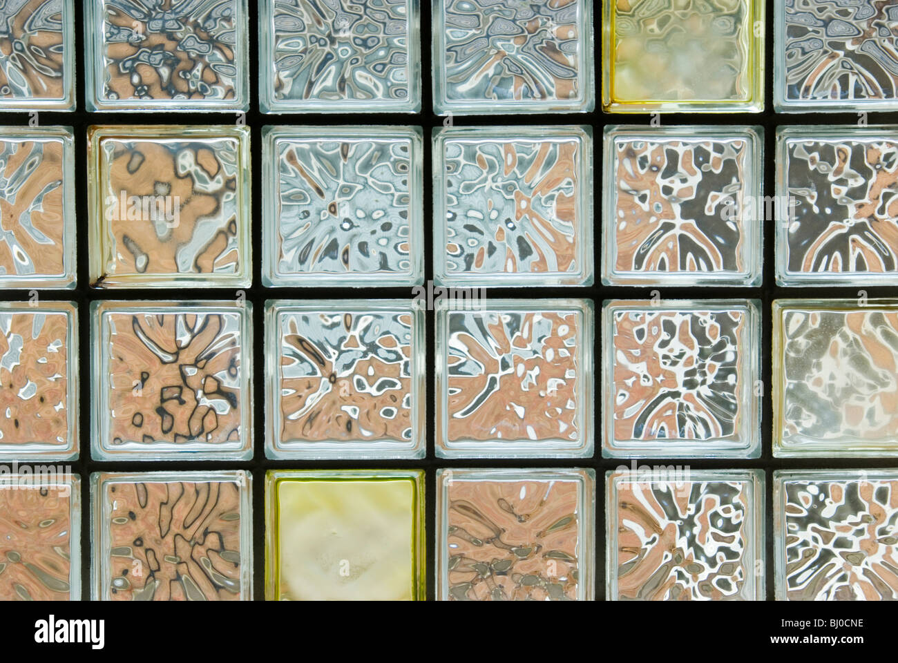 Close up view from inside a glass brick window Stock Photo