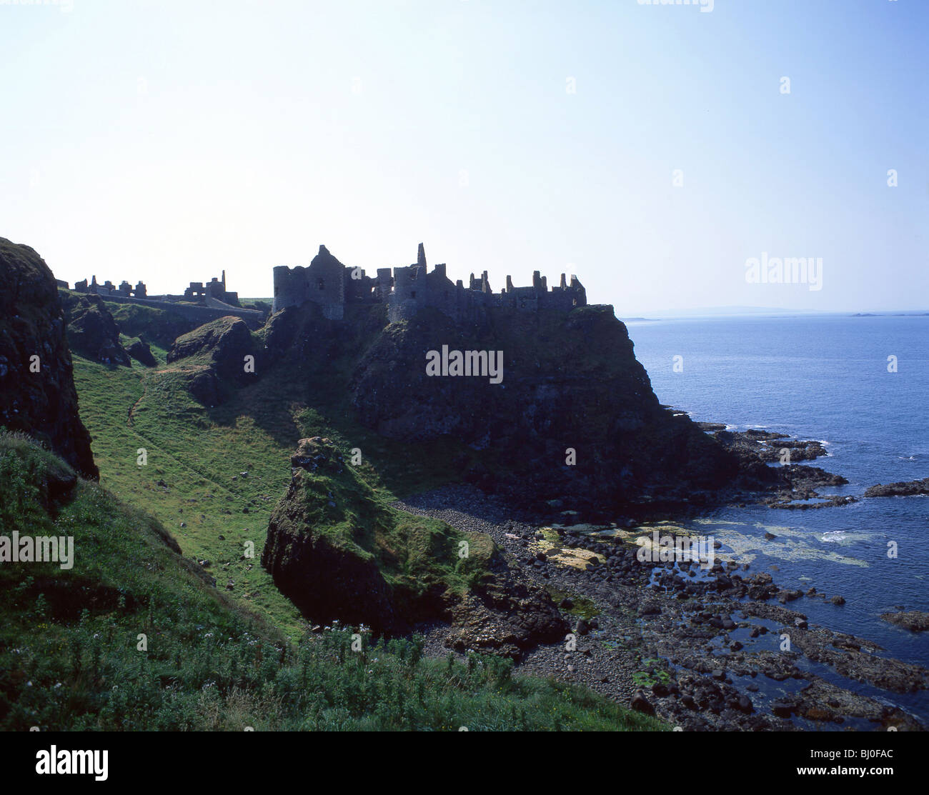 View of castle and sea, Dunluce Castle, County Antrim, Northern Ireland, United Kingdom Stock Photo