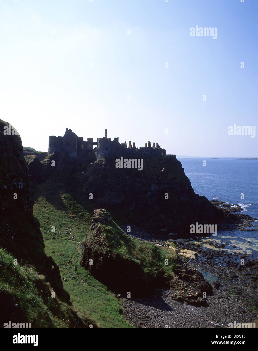 View of castle and sea, Dunluce Castle, County Antrim, Northern Ireland, United Kingdom Stock Photo