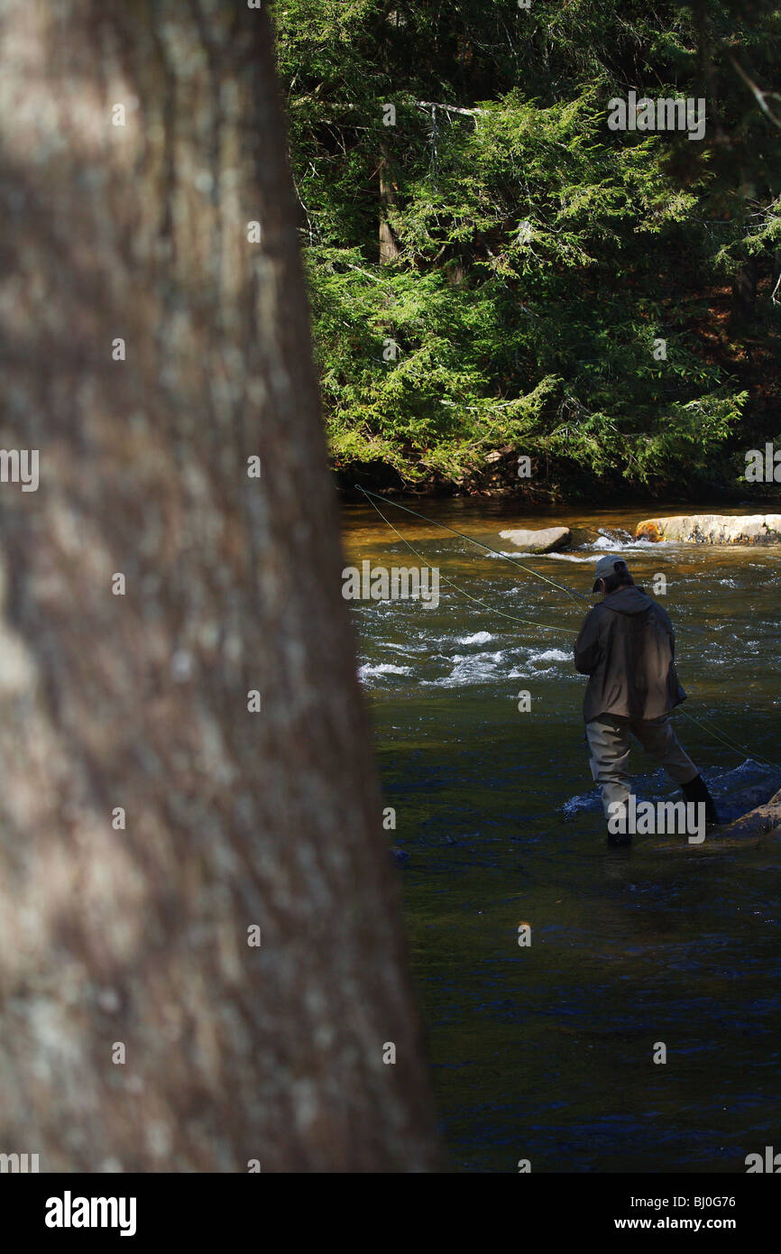 WOMAN FLY FISHING IN RIVER TYING ON FLY REAR VIEW TOCCOA RIVER