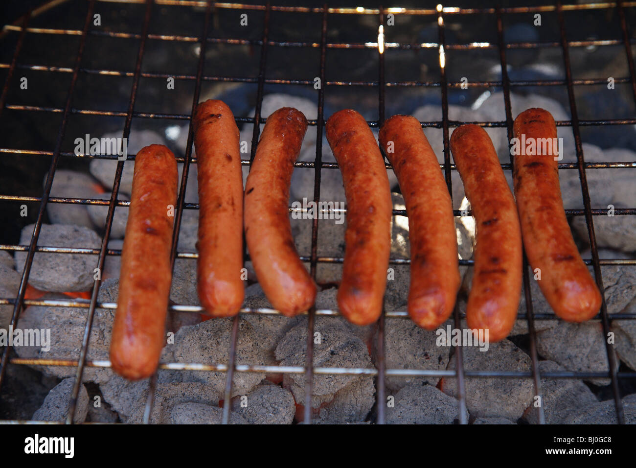 CLOSEUP HOTDOGS COOKING ON A CHARCOAL GRILL LUNCH FUN FOOD COOKING