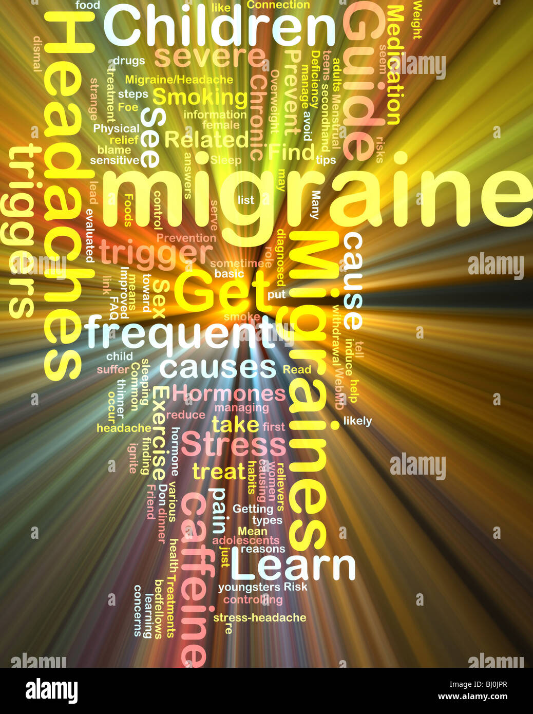 Word cloud concept illustration of migraine headache glowing light