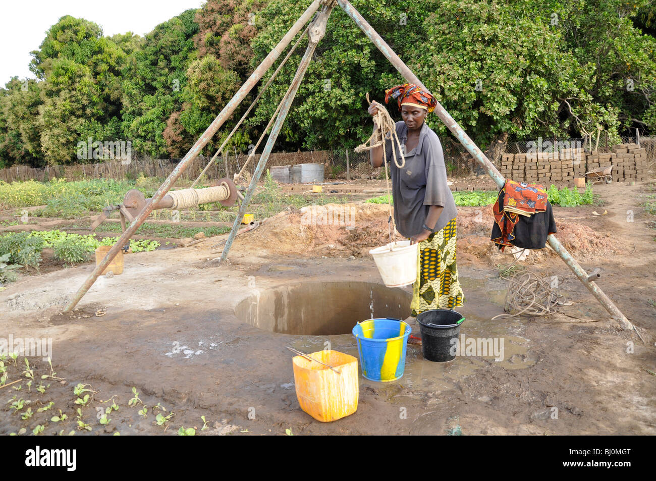 Water drawing from the well, The Gambia Stock Photo Alamy