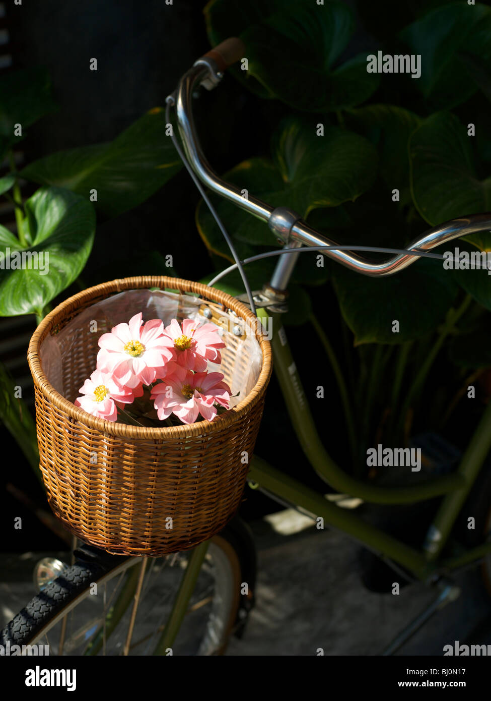 Wicker bicycle basket with fake pink flowers inside Stock Photo Alamy