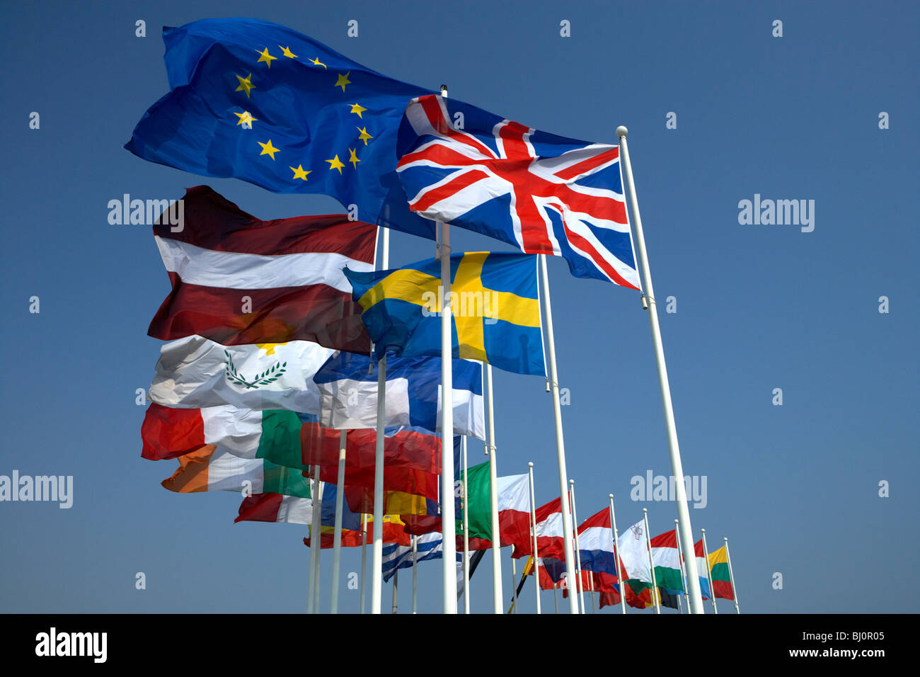 EU flag and memeber states flags, Strasbourg, France Stock Photo