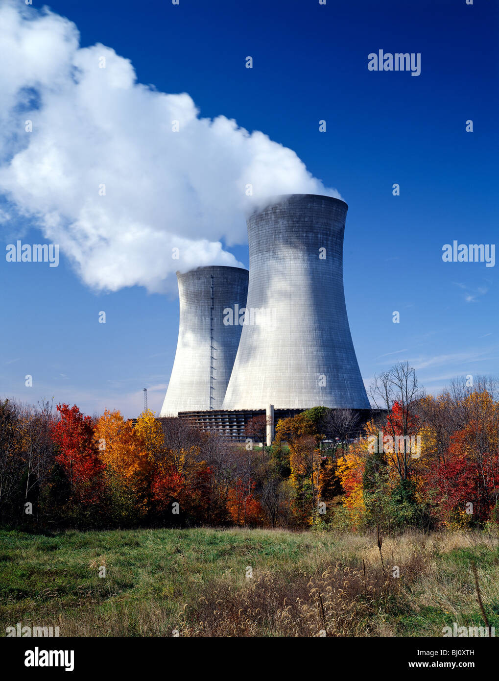Steam rises from the cooling towers of the Limerick Nuclear Power Plant, Limerick, Pennsylvania, USA Stock Photo