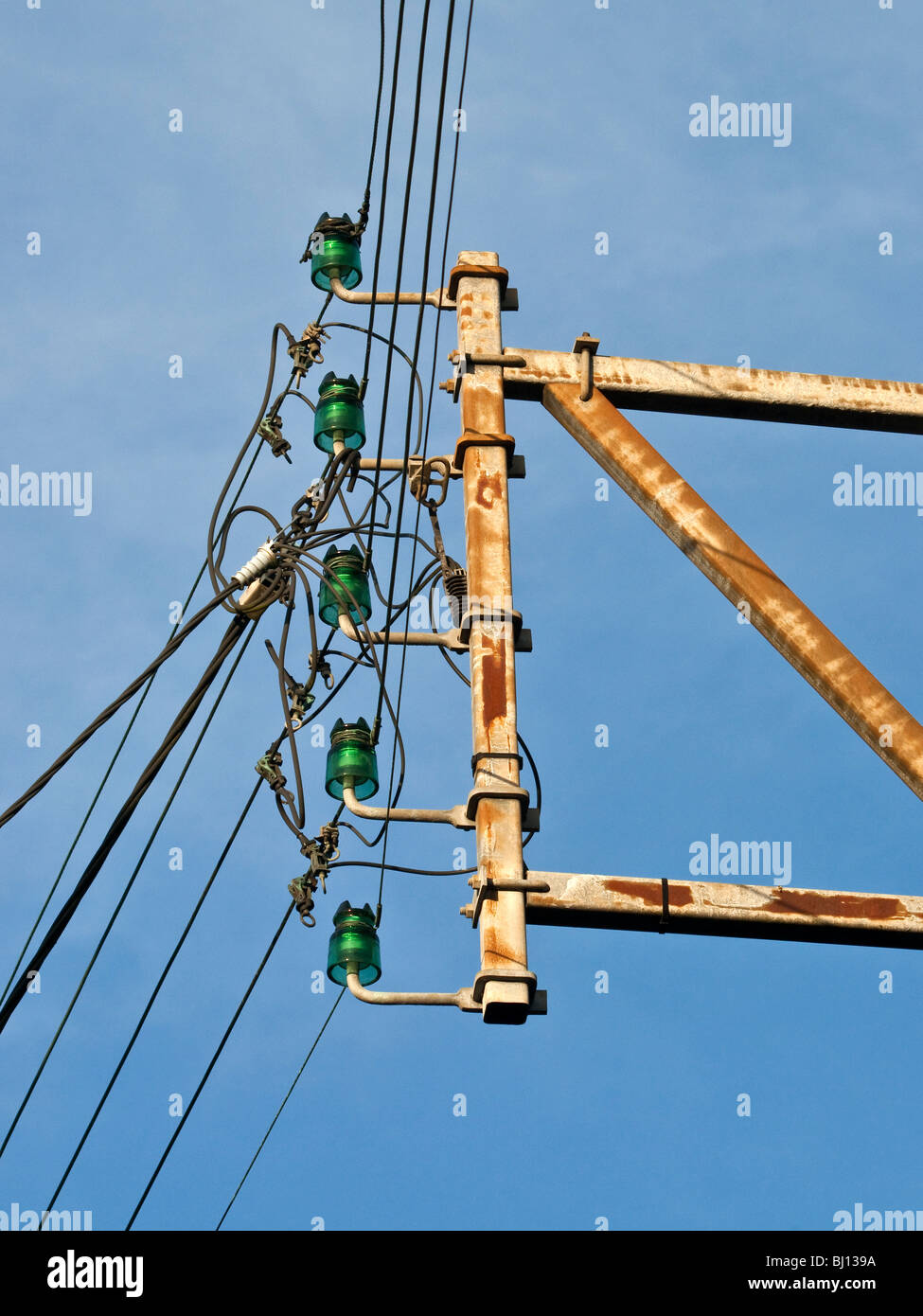 Old domestic mains electricity supply pole France Stock Photo Alamy